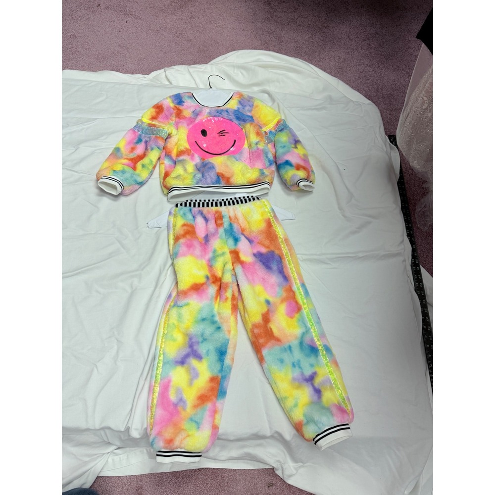 Baby Sara Kids Faux Fur Tie Dye Sequin Smiley Face Top and Pants Set Size 5